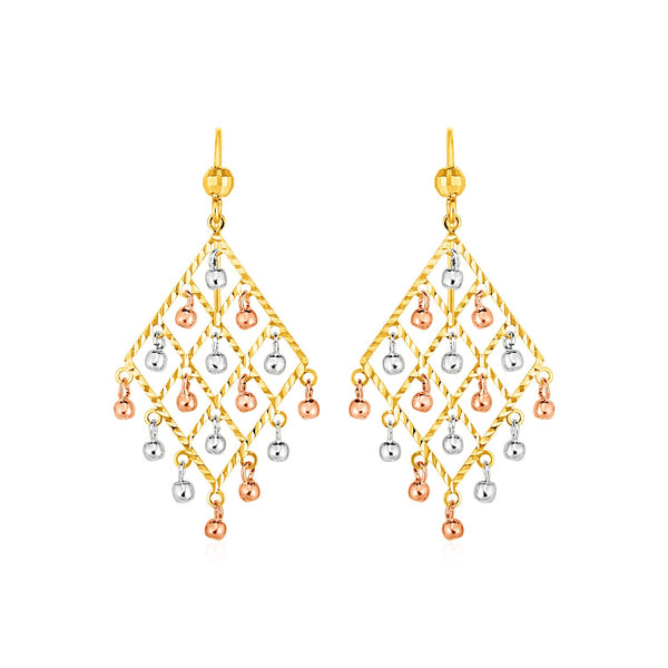 Textured Chandelier Earrings with Ball Drops in 14k Tri Color Gold