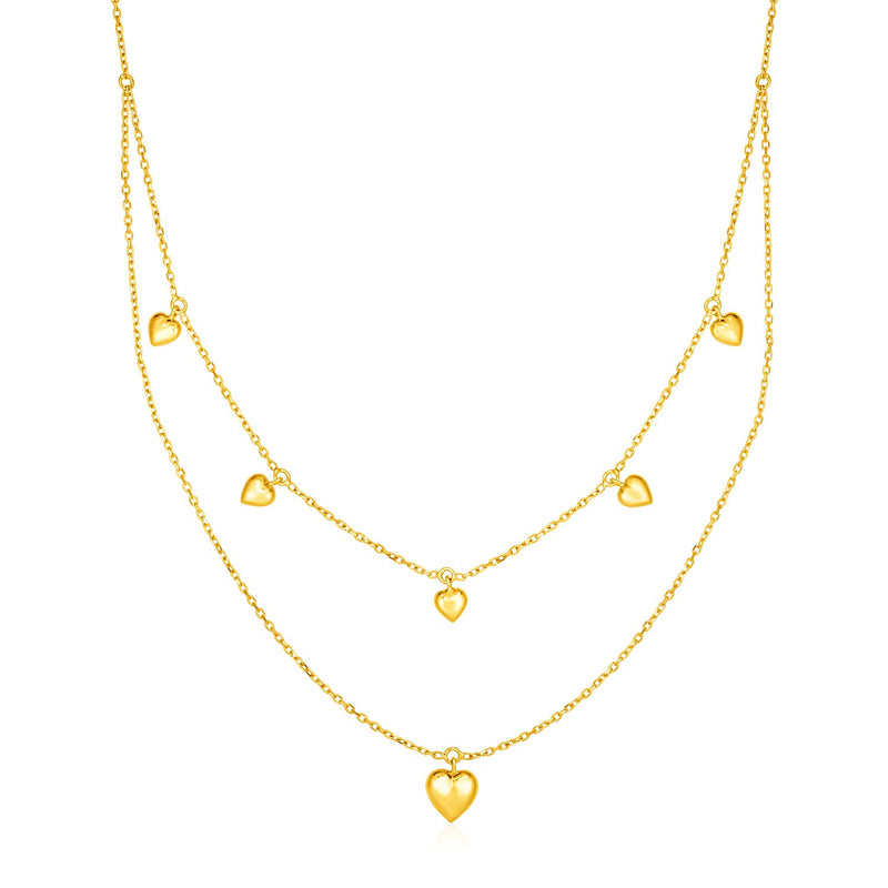 14k Yellow Gold Two Strand Necklace with Puffed Heart Drops