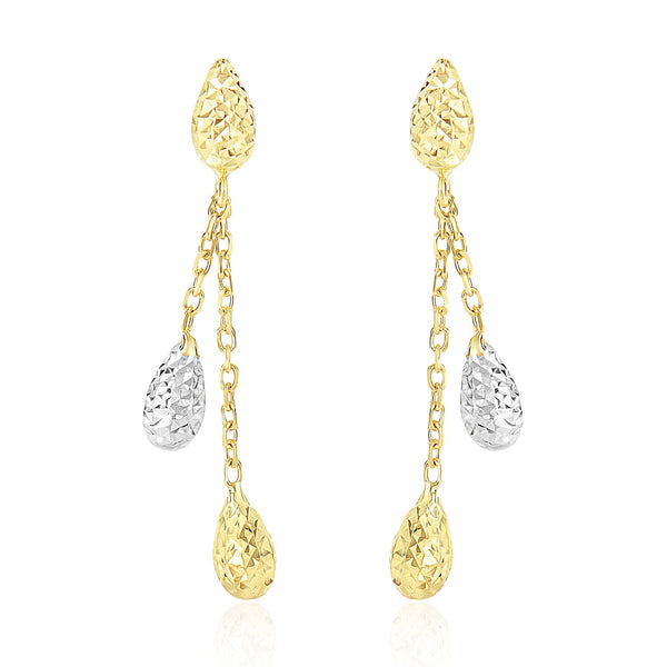 14k Two-Tone Gold Double Row Chain Earrings with Diamond Cut Teardrops