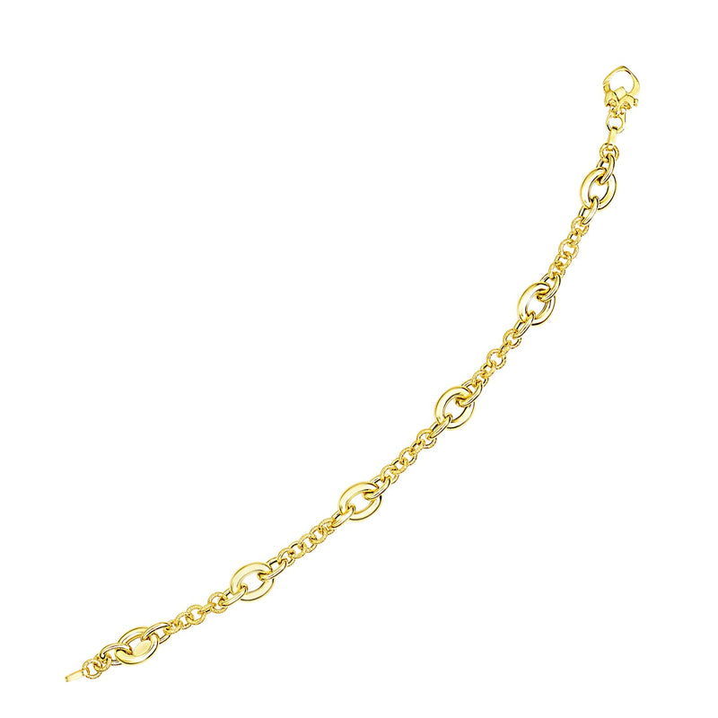 14k Yellow Gold Oval and Round Link Textured Chain Bracelet