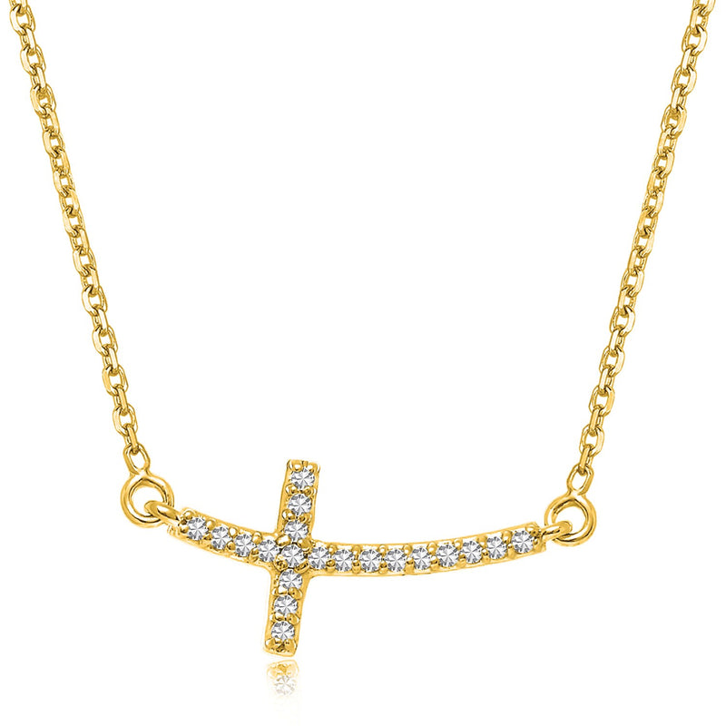 14k Yellow Gold Diamond Accented Curved Cross Necklace (.11cttw)