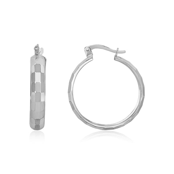 14k White Gold Geometric Textured Hoop Style Earrings