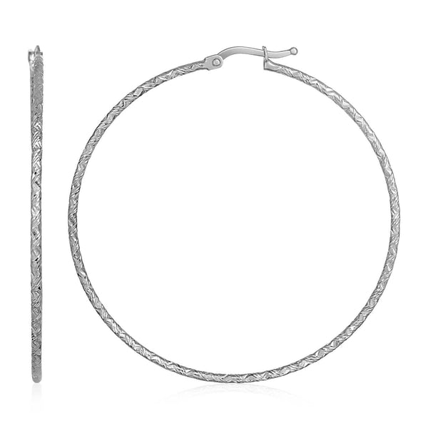 14k White Gold Large Textured Hoop Earrings (50mm Diameter) (1.5mm)