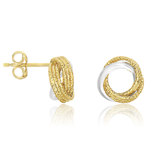 14k Two-Tone Gold Multi-Textured Open Circle Style Entwined Earrings